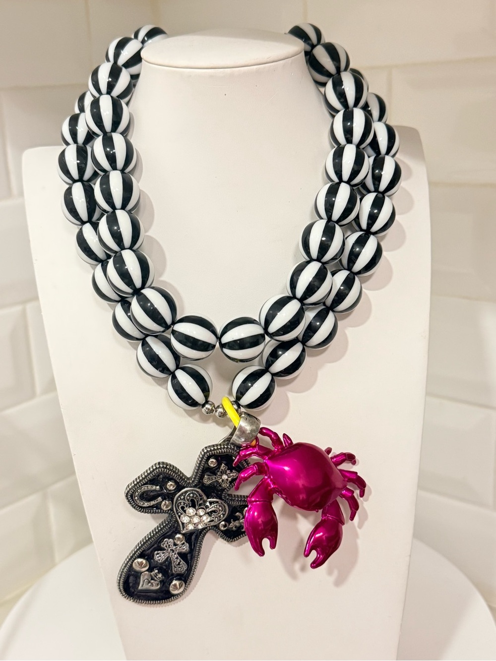 Bold Black & White Striped Bead Necklace with Cross & Crab Pendant